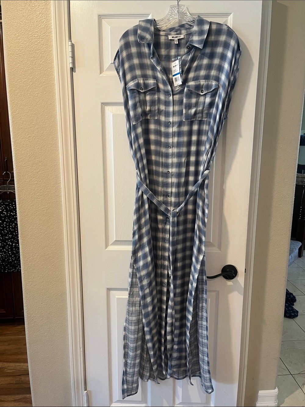 William Rast Blue and White Plaid Maxi Shirt Dress